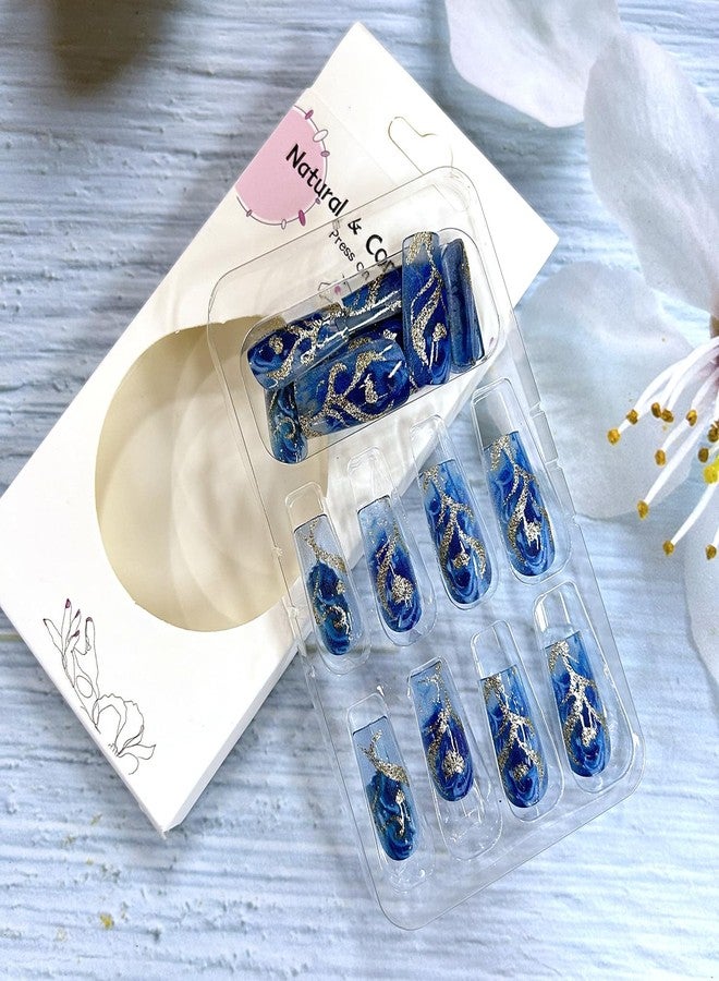 CJDLTS Glitter Powder Love Heart Press on Nails Long Square Gold Glitter Stripes Design Blue Gradient Acrylic Fake Nail Full Cover Glossy Artificial Fingernails DIY Reusable Glue on Nails for Women 24Pcs - Image 4